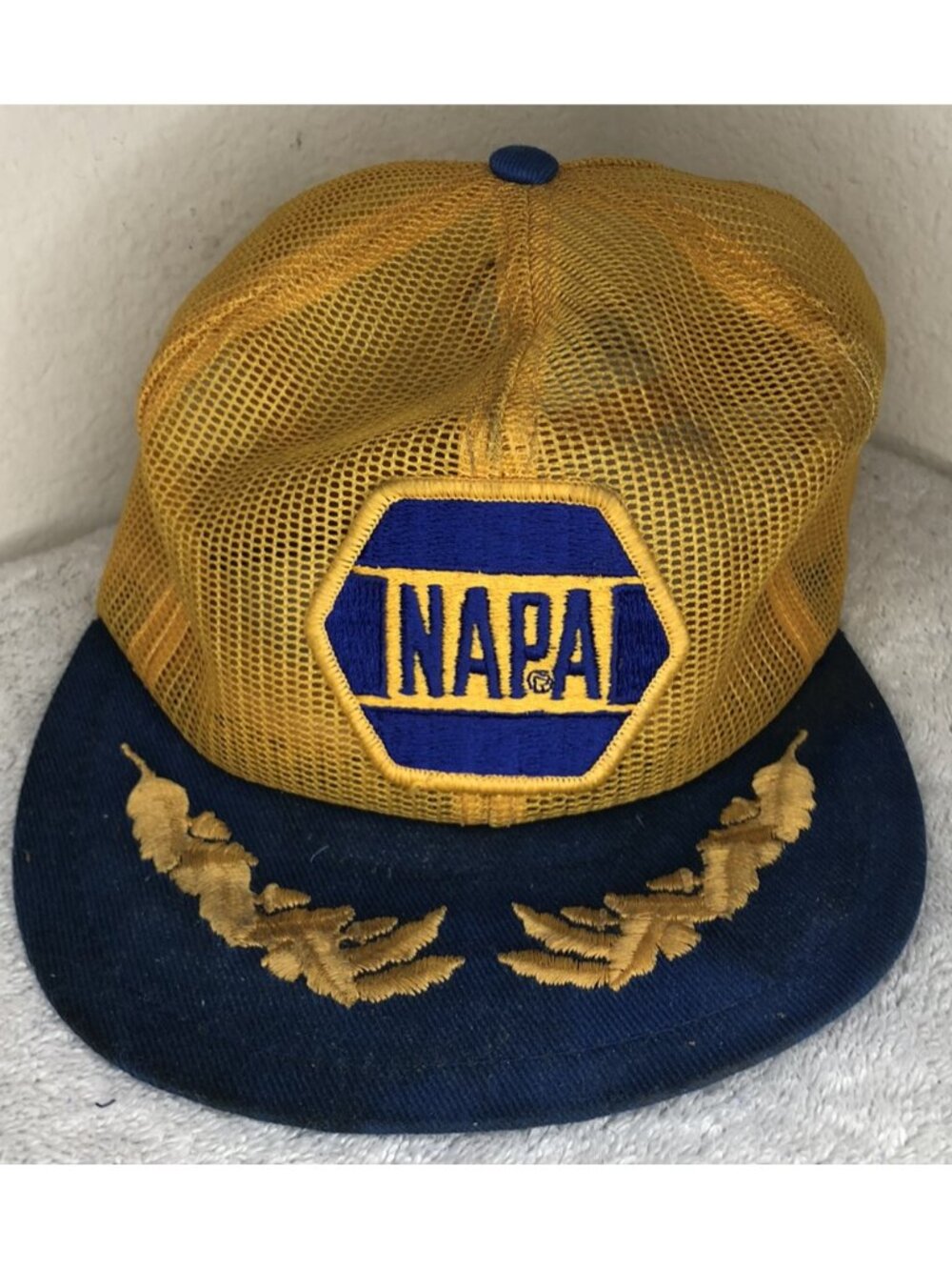 VINTAGE Napa Hat Cap Snap Back Gold Leaf Blue Mesh Trucker Racing Mens 90s
